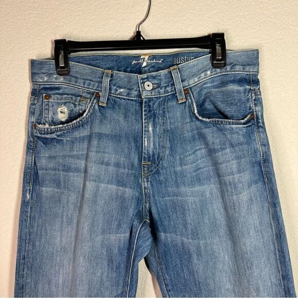 7 For All Mankind Blue Austyn Fringe Slit Cotton Straight Leg Jeans Mens Size 32 - Picture 2 of 11